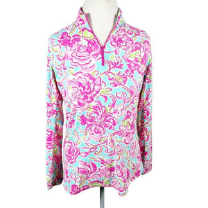 Icikuls Pink & Blue Floral Golf Top 1/4 Zip Long Sleeves Sun Protection Size L